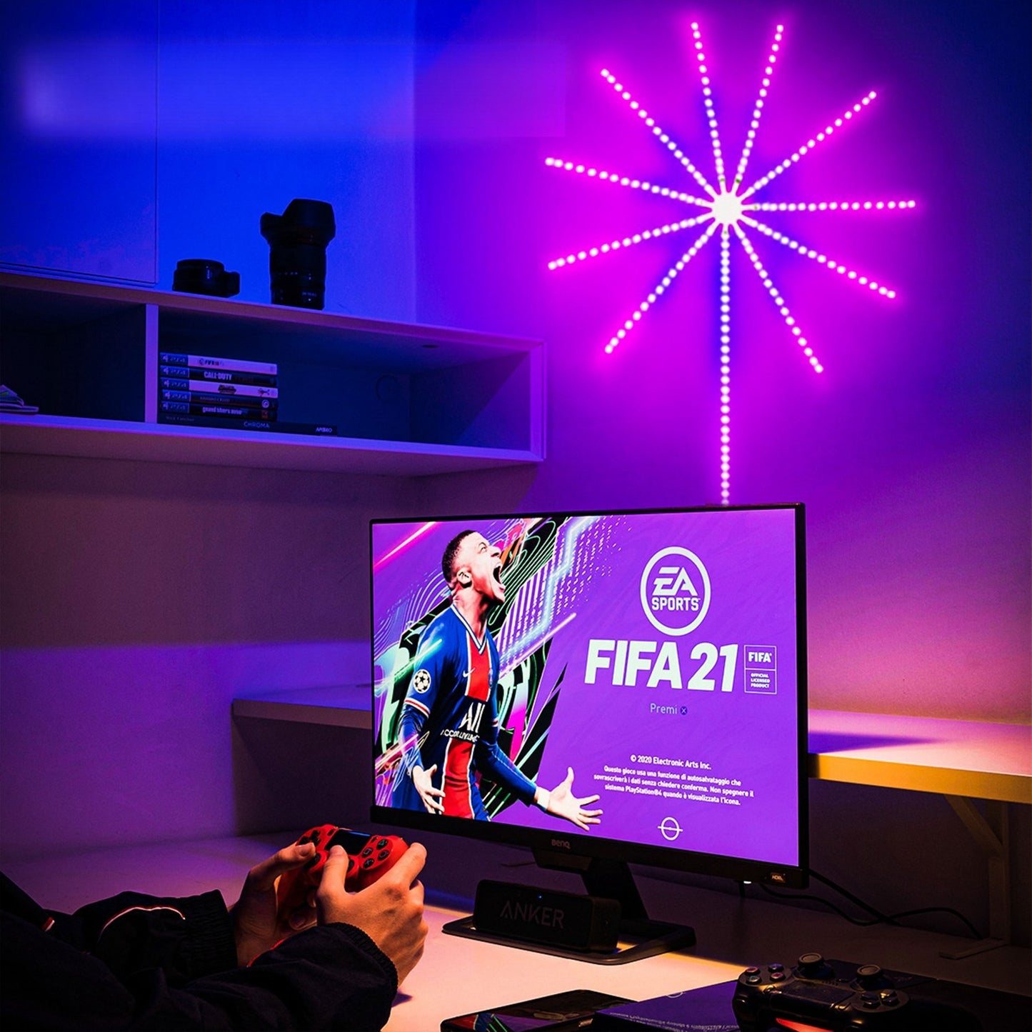 مصباح ألعاب نارية LED بتصميم جداري تفاعلي مع الموسيقى