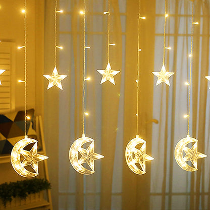 سلسلة إضاءة LED بشكل هلال ونجوم – 8 أوضاع إضاءة، تحكم بالريموت